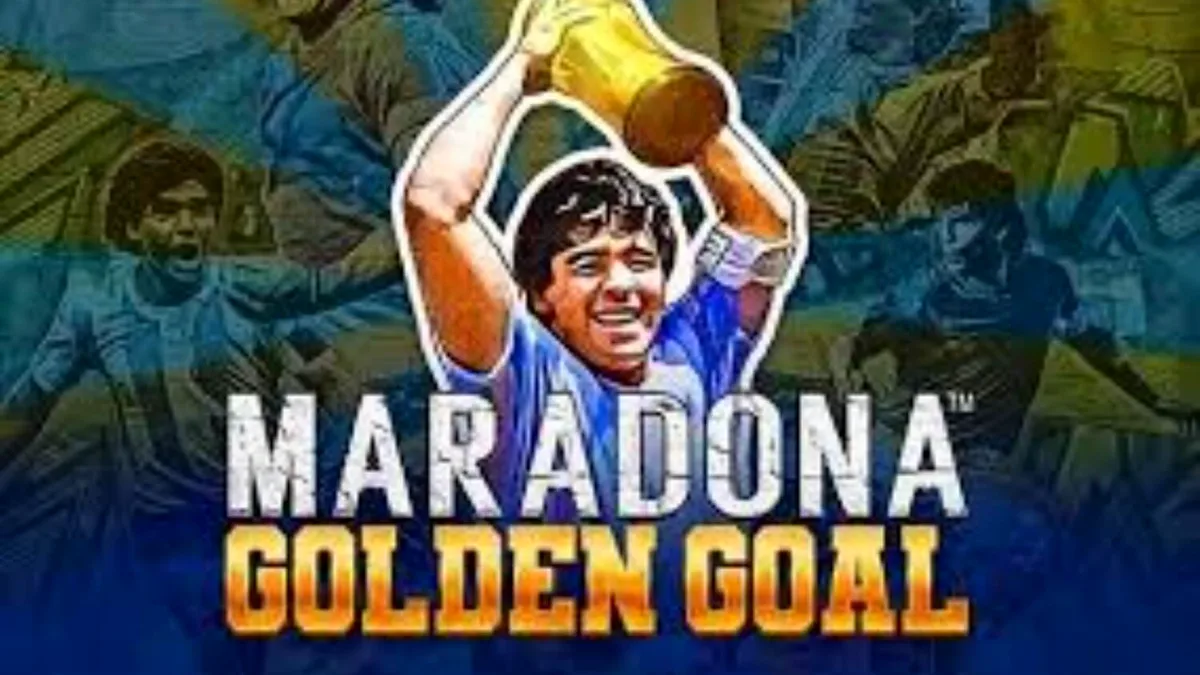 Captura de tela do slot Maradona Golden Goal, mostrando Maradona com uma bola de futebol dourada e os rolos do jogo com símbolos temáticos de futebol e jackpots.